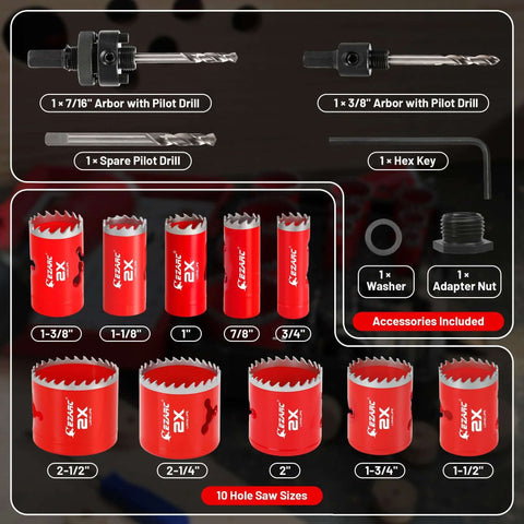 EZARC 16-piece bi-metal hole saw kit with arbors, pilot drills, drill bits, hex key, installation plate, storage case (3/4 to 2-1/2 inches).