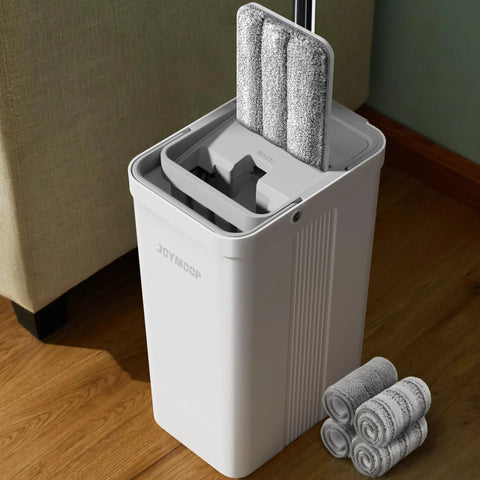 Two Tank Wash And Dry Mop And Bucket Set With Long Handle Flat Mop Perfect For Floor And Wall Cleaning Great For Hardwood Commercial And Household Use Includes Four Microfiber Pads