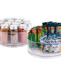 Two Pack Lazy Susan Turntables Clear Acrylic Carousel Storage with spices and snacks organized on clear rotating trays, 360 degrees.
