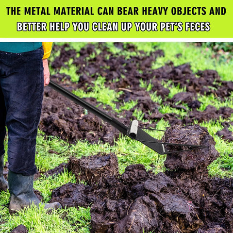 Person using Three Pack Metal Manure Forks With Long Ergonomic Handles Heavy Duty Muck Rake for farm cleanup in field