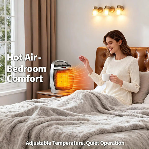 Woman enjoying warmth from Portable Space Heater 1500W 750W PTC Ceramic Fast Heating on bedside table, bedroom setting