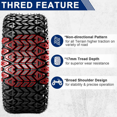 25x10-12 All Terrain ATV Tire Set displaying non-directional pattern and tread features for sand and hilly lawns