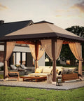 13x13 Pop Up Gazebo With Mosquito Netting, Double Roof Design And Adjustable Height in garden setting, UV resistant canopy