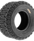 Close-up view of a single tire from Set Of 2 20x108 ATV UTV Tires 4 Ply Heavy Duty Non Directional Tread Built For Quad Golf Cart Lawn Mower All Terrain Use Puncture Resistant Replacement Tire Rim Not Included, showing tread pattern and sidewall branding.