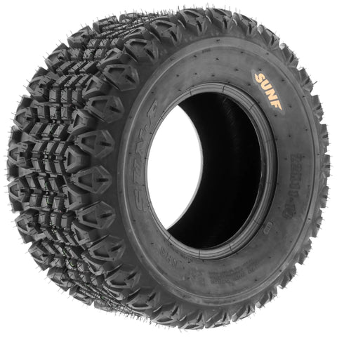 Close-up view of a single tire from Set Of 2 20x108 ATV UTV Tires 4 Ply Heavy Duty Non Directional Tread Built For Quad Golf Cart Lawn Mower All Terrain Use Puncture Resistant Replacement Tire Rim Not Included, showing tread pattern and sidewall branding.