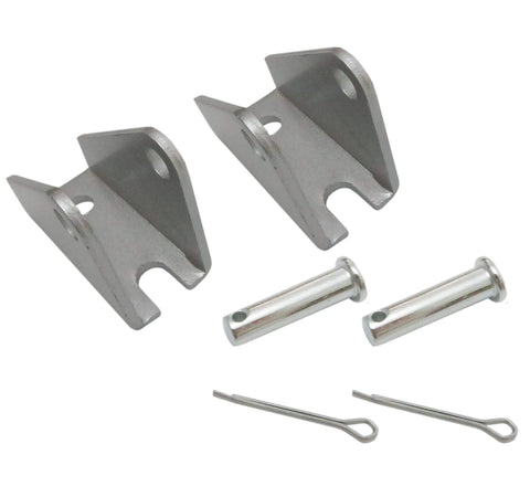 Two heavy-duty gray steel mounting brackets for linear actuators with two cylindrical pins and cotter pins