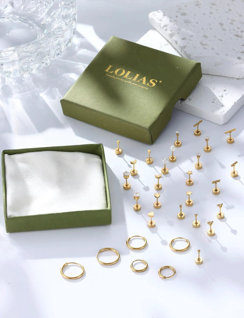 Hypoallergenic Surgical Steel Earrings Set With 14K Gold Plated Flat Back Studs And Small Hoop Cartilage Earring Stacks For Women And Men Great For Helix And Tragus Piercings First Or Second Holes Lightweight And Dainty, gold stud and hoop set in box