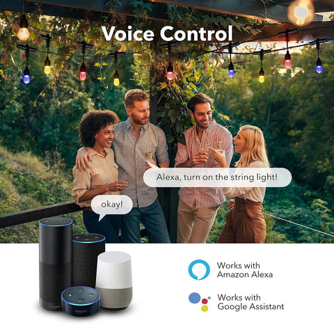 Group enjoying Smart Color Changing Outdoor String Lights 24ft LED Flat Wire, 2.4Ghz WiFi Enabled with Alexa and Google Assistant