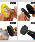 Ailier 3 Inch Sanding Disc Hook And Loop 80 Grit Sandpaper For Drill Pad assembly steps showing mounting on drill.