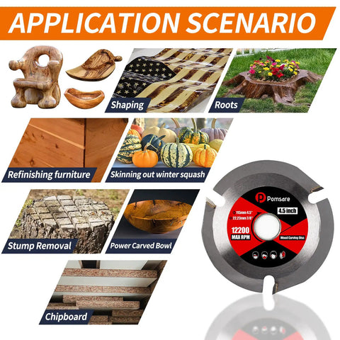 Rugged Tungsten Carbide Wood Grinding Disc applications for angle grinders in shaping, roots, and furniture refinishing scenarios.