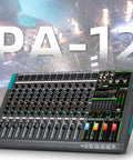 12 Channel Digital USB Bluetooth Audio Mixer With MP3 Player, 48V Phantom Power, Built In Reverb, 256 Effects displayed on stage.