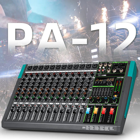 12 Channel Digital USB Bluetooth Audio Mixer With MP3 Player, 48V Phantom Power, Built In Reverb, 256 Effects displayed on stage.