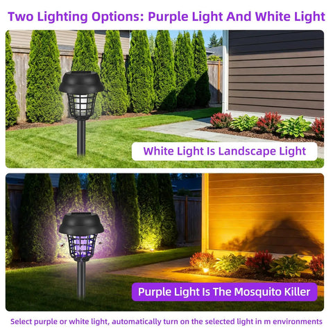 Front view of Sun Powered Outdoor Mosquito Zapper For Your Yard Garden And Patio No Outlet Needed Auto On Off With Purple Or White Light Waterproof Bug Trap Gnat Killer For Backyard And Pathway