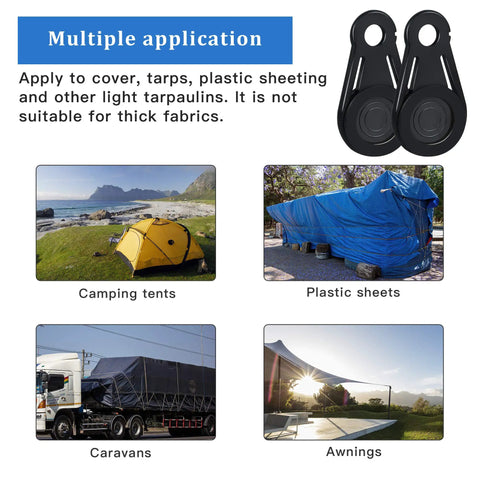20 Pack Movable Tarp Clips For Outdoor Camping And Tent Setups, showing multiple uses on camping tents, plastic sheets, caravans, and awnings.