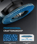 Blue zirconia-alumina flap disc mounted on angle grinder; 4.5-inch conical/T29 sanding disc.