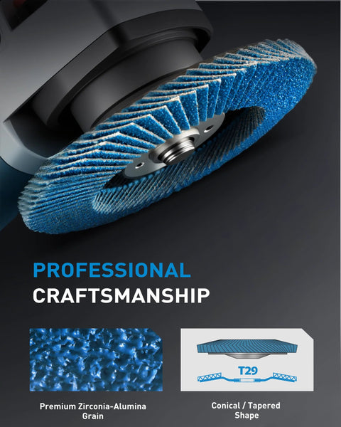 Blue zirconia-alumina flap disc mounted on angle grinder; 4.5-inch conical/T29 sanding disc.