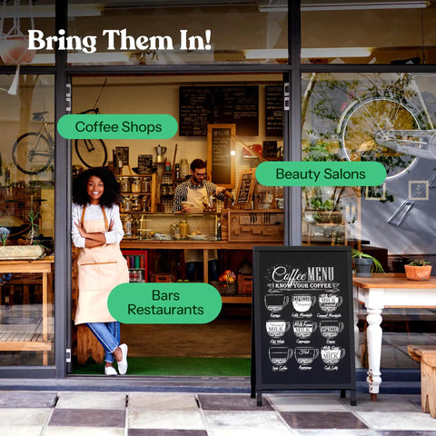 Storefront with Outdoor A Frame Sidewalk Sign 24 By 36 Inch Double Sided Black Coated Steel displaying a coffee menu.