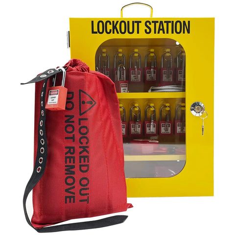 All In One Lockout Tagout Station Kit With Board Locks 80 Pcs Includes Hasps Tags Circuit Breaker Lockout Ball Valve Lockout Electrical Plug Lockout Steel Cable Lockout Big Yellow Station with red lockout bag