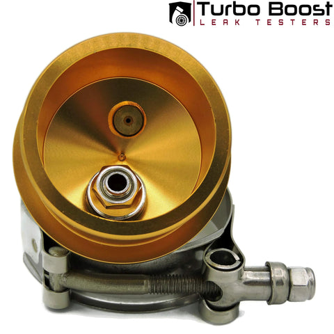 Turbo Boost Leak Testers pressure tester disk, gold anodized circular plate with central hole and mounting hardware.