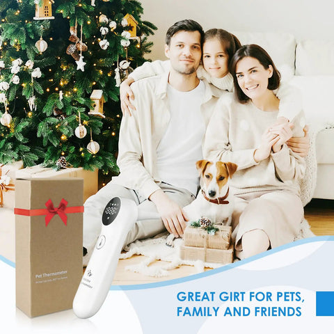 Pet Ear Thermometer for Dogs, Cats, and Livestock with Long Probe, Infrared Ear Thermometer for Fast OneSecond Read, Celsius Fahrenheit Conversion, Sound Switch, 20 Pet Swabs Included beside family and dog