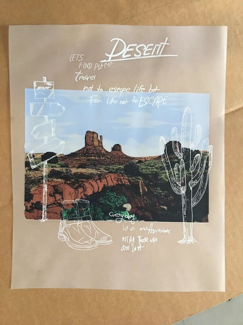 Artwork with desert landscape, text overlays, and cacti illustration on craft paper background.