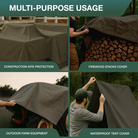 Waterproof Canvas Tarp Cover Heavy Duty Duck Cloth Waxed Tarpaulin Workhorse with rustproof brass grommets in multi-use settings