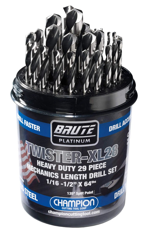 Brute Platinum 29 Piece HSS Drill Bit Set Twister XL28 Mechanics Length Includes 1 Sixteenth To 1 Half Inch Bits With 135 Degree Split Point And Water Resistant Index Made In USA