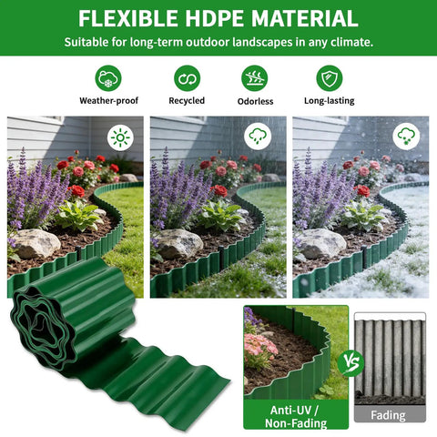 Flexible Landscape Edging Kit 59 Feet With 16 Extra Long Stakes 6 Inch Tall Plastic Border For Yard And Garden Bend To Curves Cut To Fit Weatherproof UV Resistant HDPE shown in garden application with flower bed