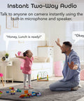 Father and daughter using Glimpse Indoor Security Cam, 1080p HD Video, Two Way Audio, in a living room setting, demonstrating two-way communication.