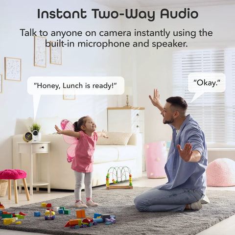 Father and daughter using Glimpse Indoor Security Cam, 1080p HD Video, Two Way Audio, in a living room setting, demonstrating two-way communication.