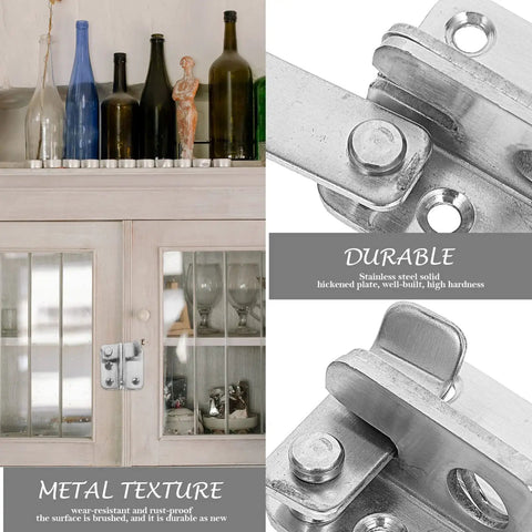 Metal detail of Easy Install Durable Stainless Steel Heavy Duty Gate Latch with clear display on wooden cabinet door.