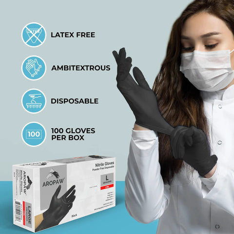Black Nitrile Gloves Powder Free 4 Mil Medium, Durable Disposable Gloves For Industrial And Home Use being worn by woman