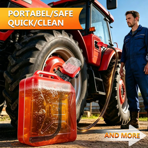 Cordless Fuel Transfer Pump 5 GPM With Auto Stop And Hand Nozzle next to a red tractor on a farm