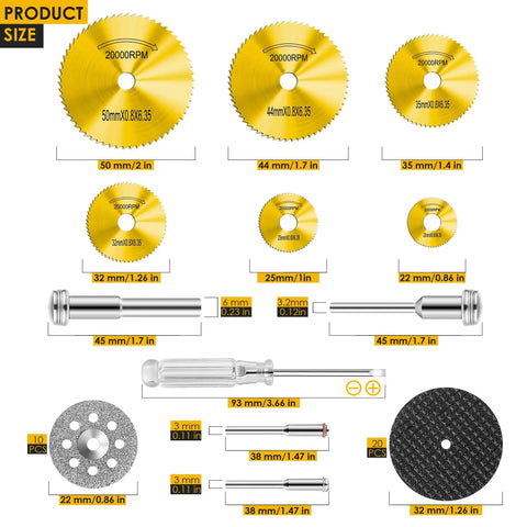 Gold Cutting Wheel Set For Rotary Tools With HSS Circular Saw Blades Resin Cutting Discs And Diamond Cutting Wheels display