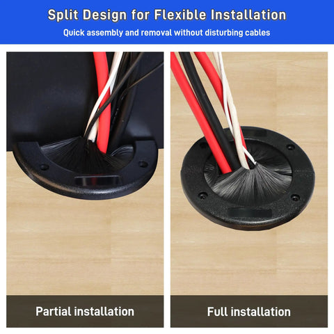 Beat The Wire Chaos With 2 Pack Round Brush Grommets 4 Inch Split Plate for Smooth Cord Routing shown in partial and full installation.