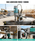 Portable Magnetic Drill Press With 2923 Lbs Electromagnetic Base, Variable Speed Motor For Steel And Metal Fabrication Jobs, 1-9/16 Inch Boring Diameter Core Drill Machine For Heavy Duty Industrial Use in overhead position.