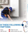 Technician repairing refrigerator with evaporator fan motor replacement displayed