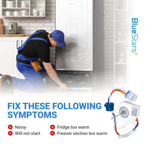 Technician repairing refrigerator with evaporator fan motor replacement displayed