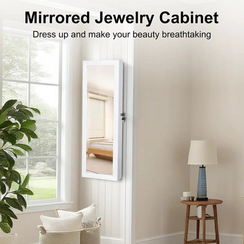 Wall-mounted full-length mirror jewelry cabinet with LED interior lights in a white room, featuring modern decor