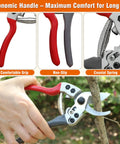 8 Inch Bypass Pruning Shears Pro Grade Garden Scissors with sharp SK5 carbon steel blade cutting a branch, ergonomic handle.
