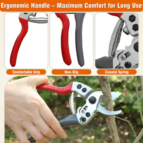 8 Inch Bypass Pruning Shears Pro Grade Garden Scissors with sharp SK5 carbon steel blade cutting a branch, ergonomic handle.