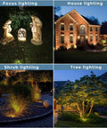 Solid Brass Outdoor Landscape Spotlights 12V Low Voltage LED Waterproof Garden Yard Up Lighting Bronze Finish Heavy Duty Brass Construction 6 Pack Without MR16 Bulb illuminating various scenes including nativity figures, a house façade, shrubs, and a tree.