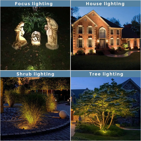 Solid Brass Outdoor Landscape Spotlights 12V Low Voltage LED Waterproof Garden Yard Up Lighting Bronze Finish Heavy Duty Brass Construction 6 Pack Without MR16 Bulb illuminating various scenes including nativity figures, a house façade, shrubs, and a tree.