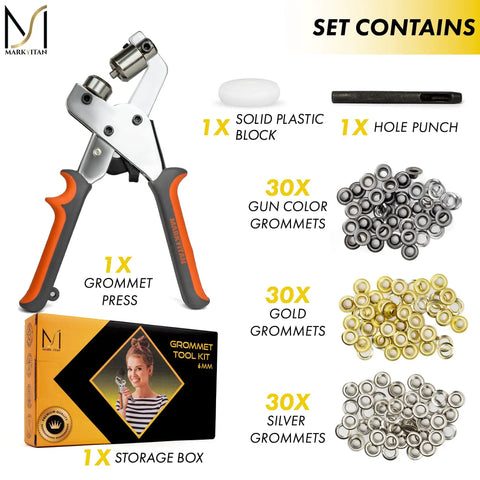 Pro Grade Grommet Tool Kit For Leather, Fabric And Vinyl Includes Grommet Press Tool, 90 Multicolor Grommets, Hole Punch, Solid Plastic Block