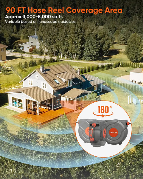 90 Foot Retractable Garden Hose Reel With Automatic Rewind, Five Eighth Inch Hose, 180 Degree Swivel coverage area illustration