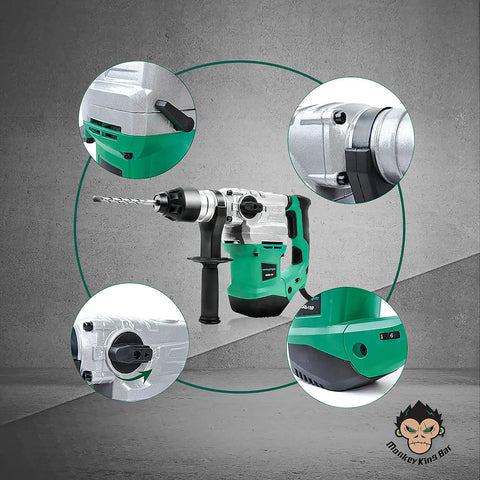 SDS Plus Rotary Hammer Drill Kit With 11 Pc Accessories, 12 Amp 1500W 120V 60Hz Concrete Drill with detailed close-ups.