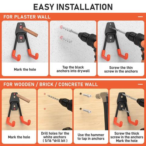 Heavy Duty Garage Hooks Set 30 Pack With Anti Slip Coating installation guide on different wall types