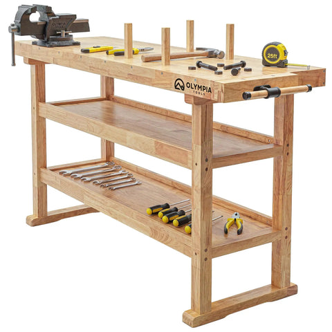 Beefy Rubberwood 60 Inch Workbench With Two Storage Shelves Heavy Duty 450 Lb Capacity Vise Slot And Bench Dog Holes