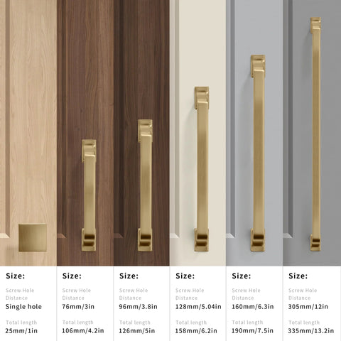 2 Pack 12 Inch Cabinet Handles Champagne Bronze Warm Brass Cabinet Pulls displayed on various wood and color finishes.