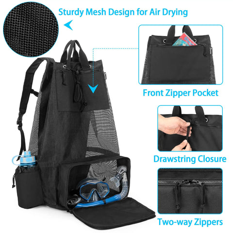 XL Mesh Scuba Diving Bag Backpack For Fins Mask Wetsuit Snorkeling Gear, mesh design, front zipper pocket, accessories shown